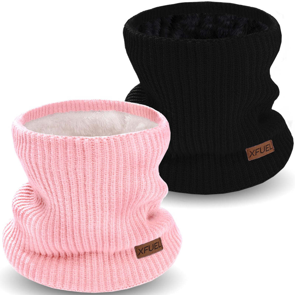 Kids Neck Warmer, 2 Pack, Knitted Winter Neck Gaiter, Fleece Lined Infinity Scarf for Boys Girls