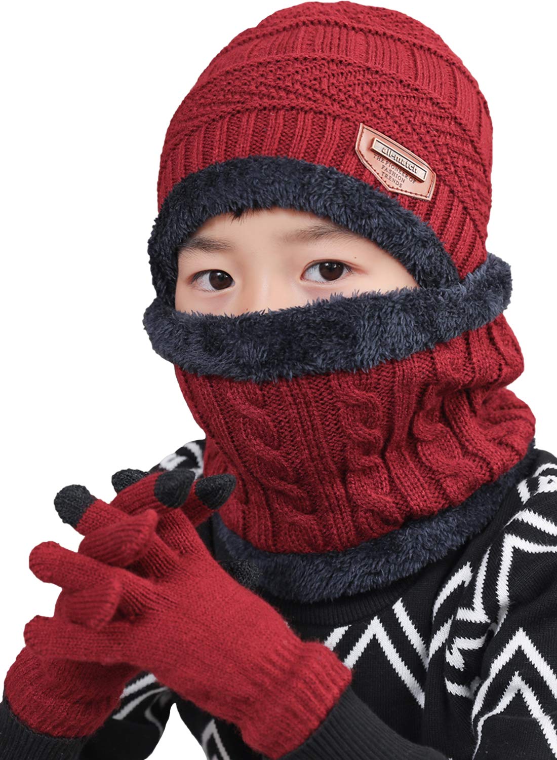 3Pcs Winter Hats Neck Warmer Scarf and Touch Screen Gloves Set for Kids