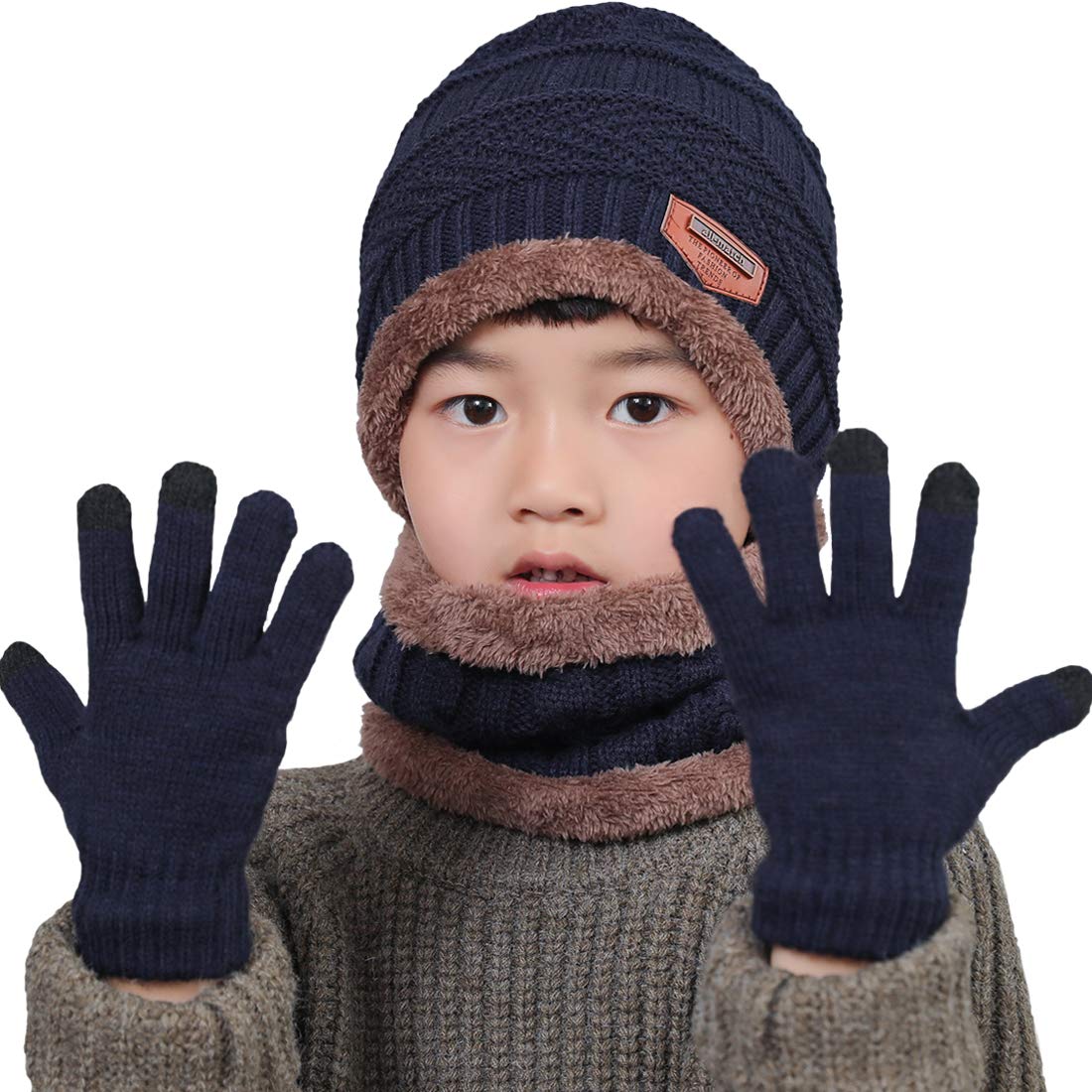 3Pcs Winter Hats Neck Warmer Scarf and Touch Screen Gloves Set for Kids
