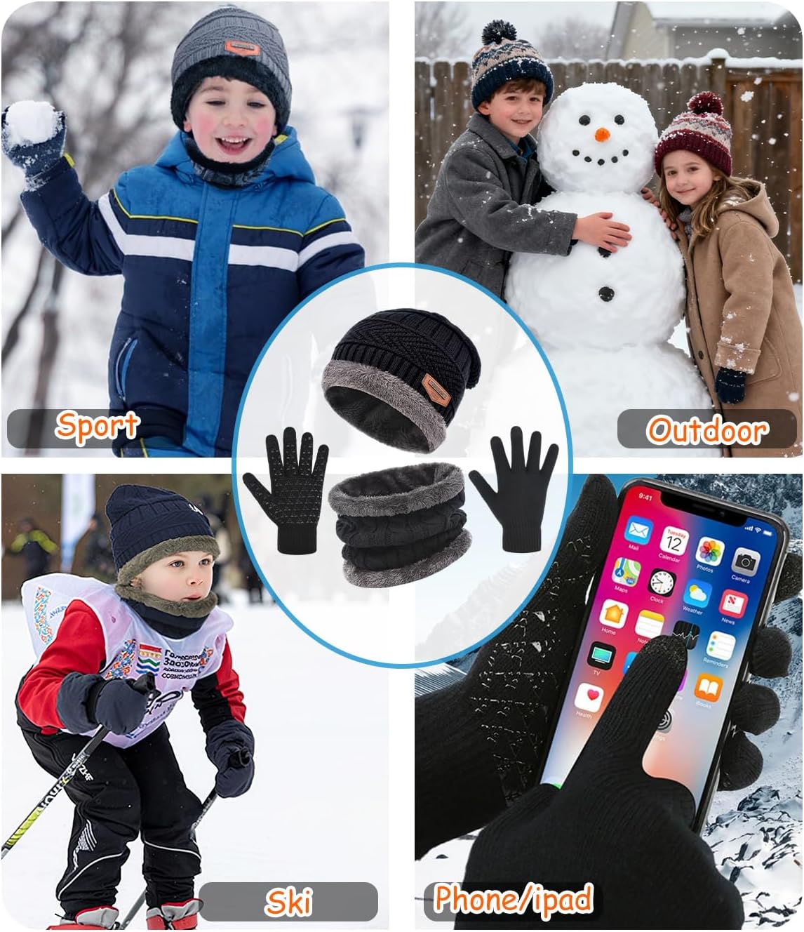Kids Winter Hat Scarf&Touchscreen Gloves Set，Knitted Beanie with Fleece Lining, Neck Warmer for Boys Girls 4-15 Years