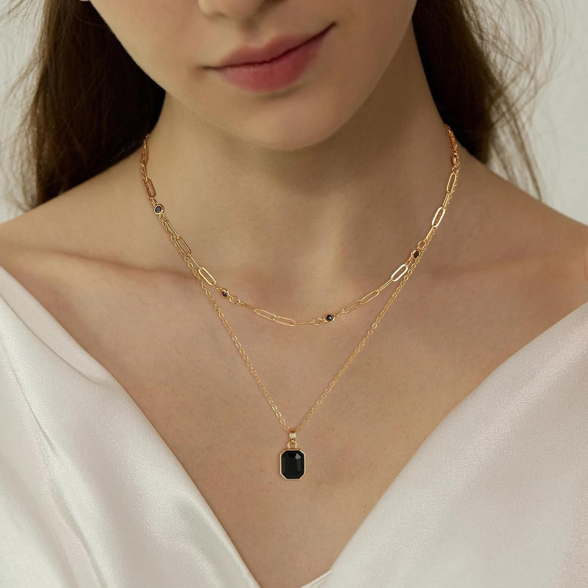 Gold Layered Necklaces for Women, 18k Gold Plated Crystal Necklace Paperclip Choker Emerald Green Jewelry for Women Gifts