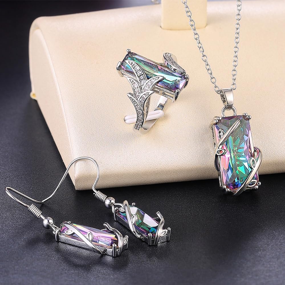 Fancy Multicolored Rectangular CZ Necklace Earrings Ring Chic Jewelry Set