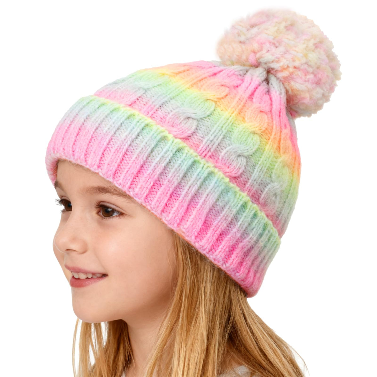 Girls Winter Hat Scarf Gloves Set, Toddler Fleece Lined Beanie Hat with Pom Rainbow Hat Scarf Mittens for Girl 4-15 Year