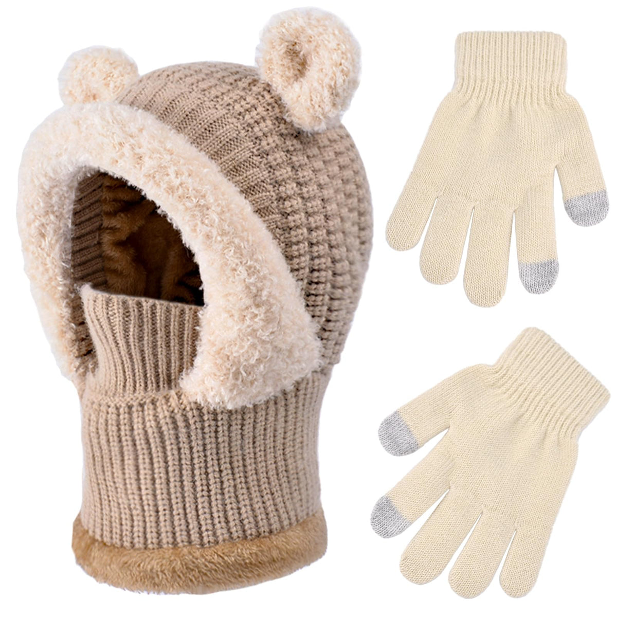 Kids Winter Balaclava Windproof Hats Gloves Set 3-in-1 Fleece Lined Hooded Scarf & Face Mask for Ages 2-8