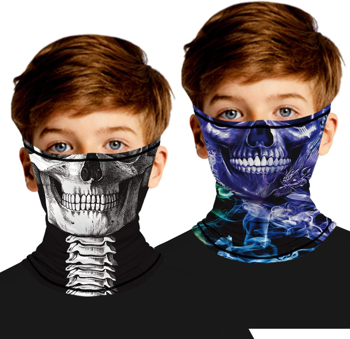 Ainuno 2 Pack Kids Neck Gaiter (7-12 Years),Face Bandana Mask with Ear Loops for Child Funny Printed