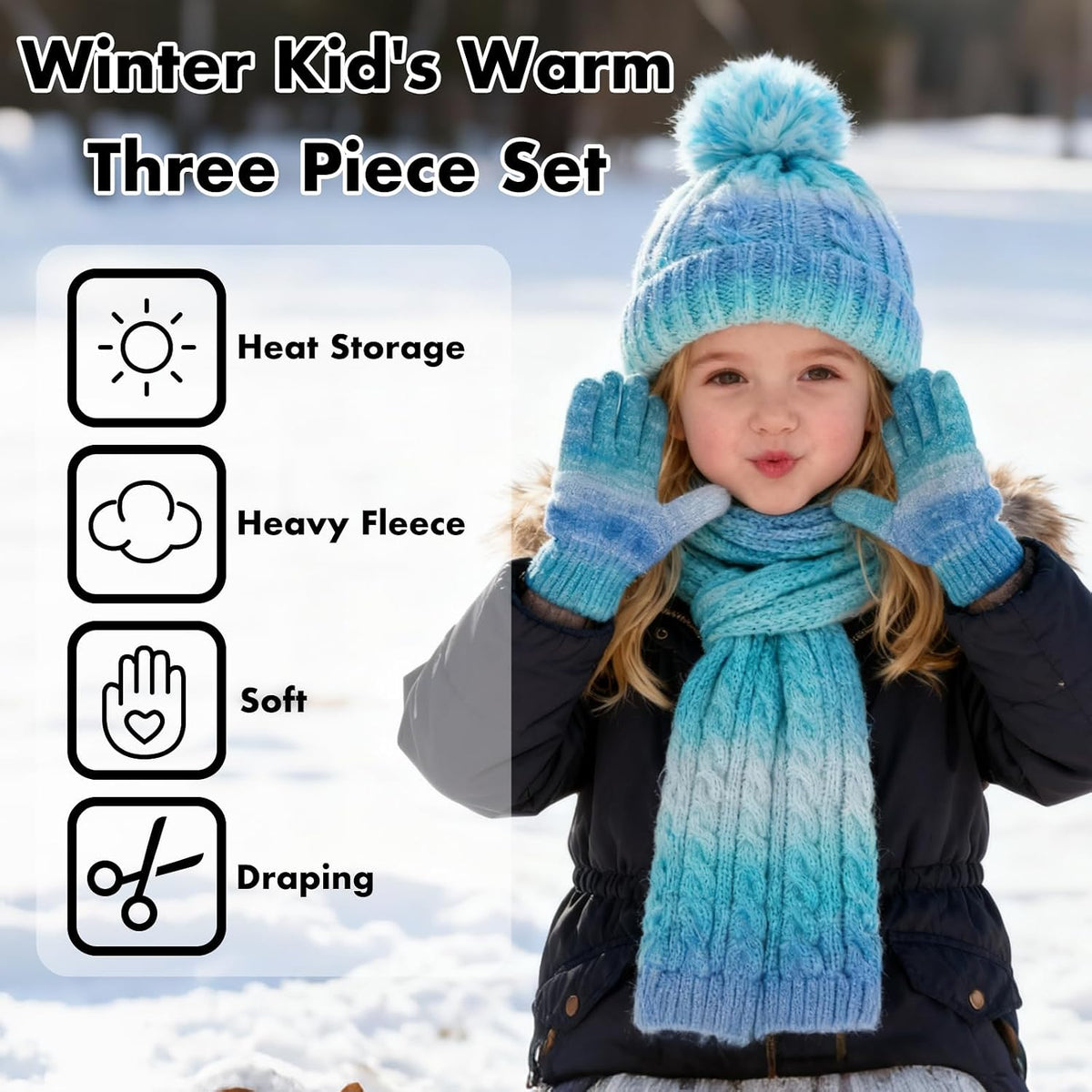 Kids Winter Beanie Hat Gloves Scarf Set, Girls Toddler Children Beanie Hats Gloves Knit Set Neck Warmer for Girls 2-8 year