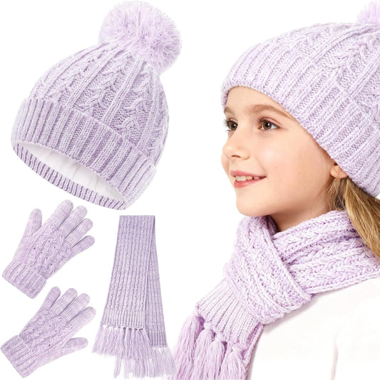 Girls Winter Hat Scarf Gloves Set, Toddler Fleece Lined Beanie Hat with Pom Rainbow Hat Scarf Mittens for Girl 4-15 Year