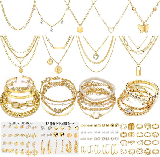 139pcs Gold Jewelry Set Costume Jewelry With 11 PCS Necklace, 16 PCS Bracelet, 90 PCS Stud Hoop Earring 22 Pcs Rings for Women Friendship Gift Set