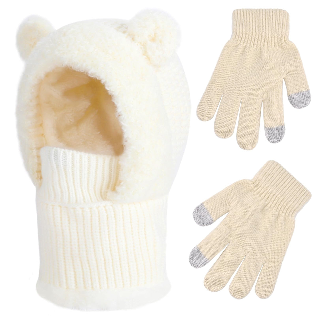 Kids Winter Balaclava Windproof Hats Gloves Set 3-in-1 Fleece Lined Hooded Scarf & Face Mask for Ages 2-8