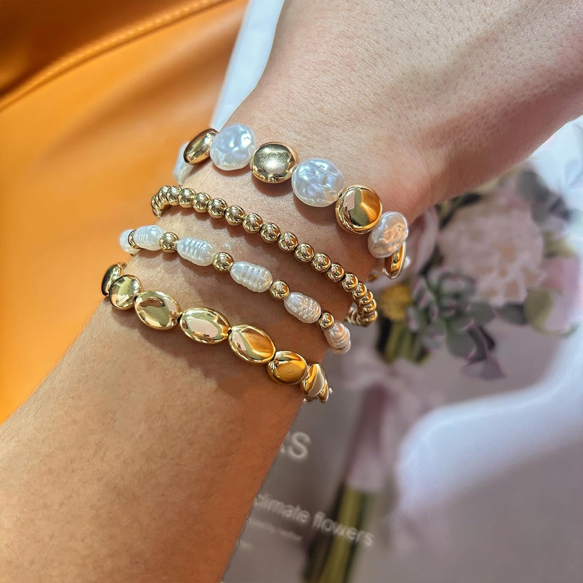 4 Sets Stackable Gold Plated Bracelets – Acrylic Pearl Stretch Multilayered Bracelet Set for Women, Multi Style Jewelry Gift