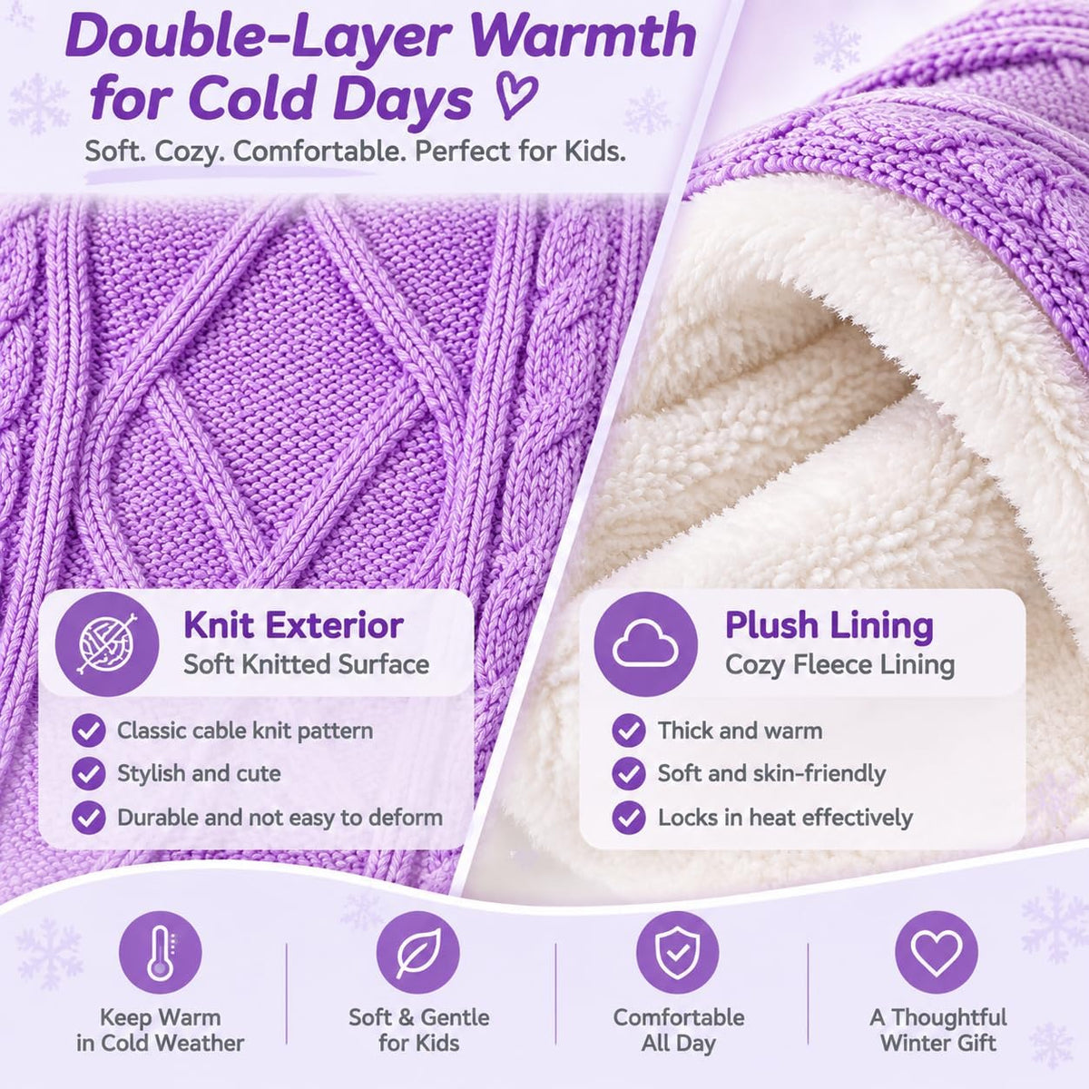 Kids Winter Gloves Scarf Set, Girls Fleece Lined Cable Knit Neck Warmer with Warm Mittens Cold Weather Gifts for Ages 7-14