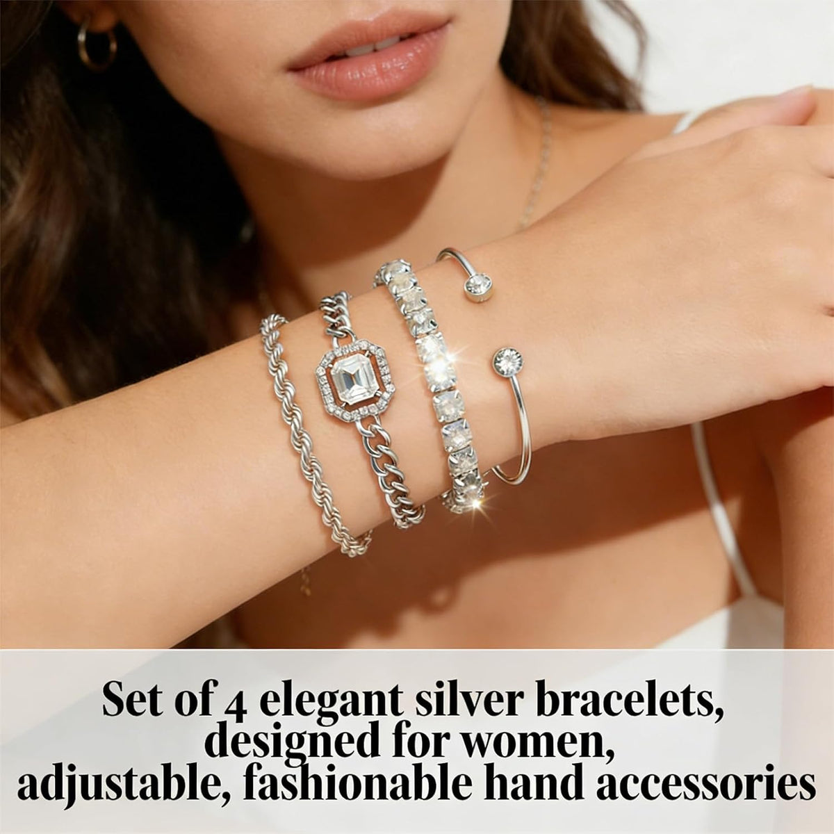 4 Pcs Silver Plated Stackable Bracelets Set for Women Cubic Zirconia Tennis Rope Chain Layering Bangle Adjustable Jewelry