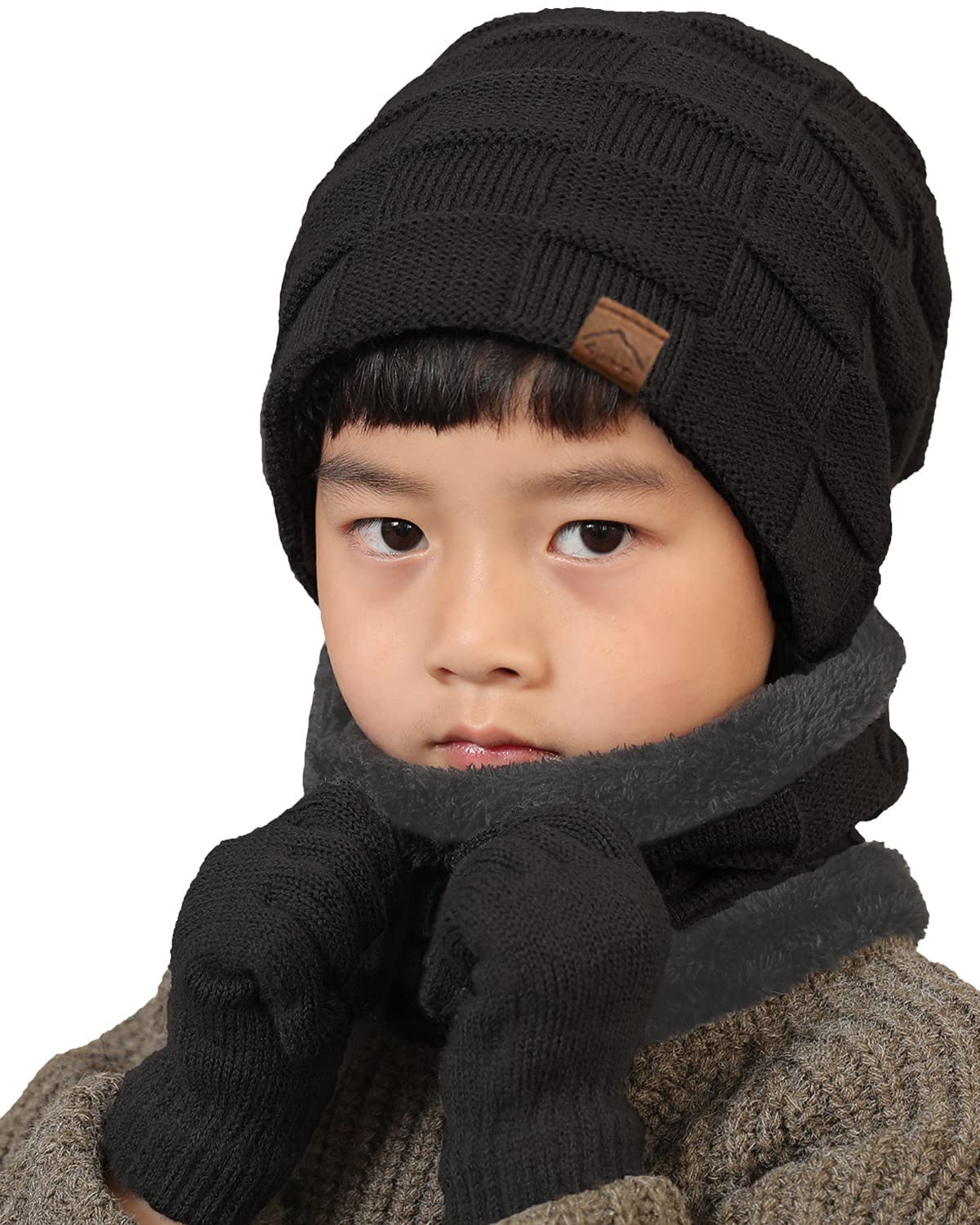 3Pcs Winter Hats Neck Warmer Scarf and Touch Screen Gloves Set for Kids