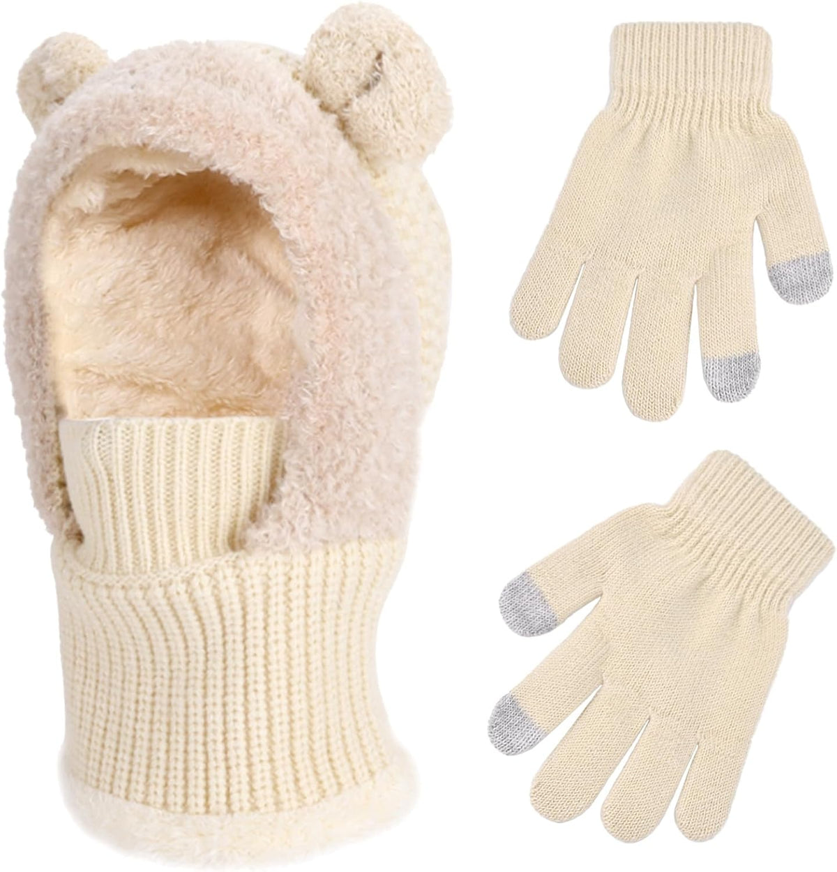 Kids Winter Balaclava Windproof Hats Gloves Set 3-in-1 Fleece Lined Hooded Scarf & Face Mask for Ages 2-8