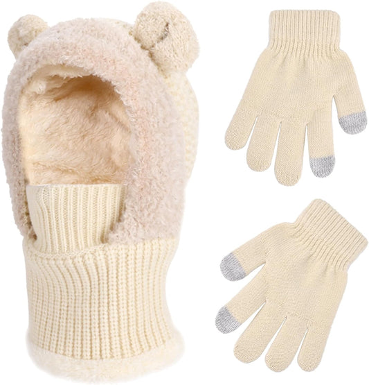 Kids Winter Balaclava Windproof Hats Gloves Set 3-in-1 Fleece Lined Hooded Scarf & Face Mask for Ages 2-8