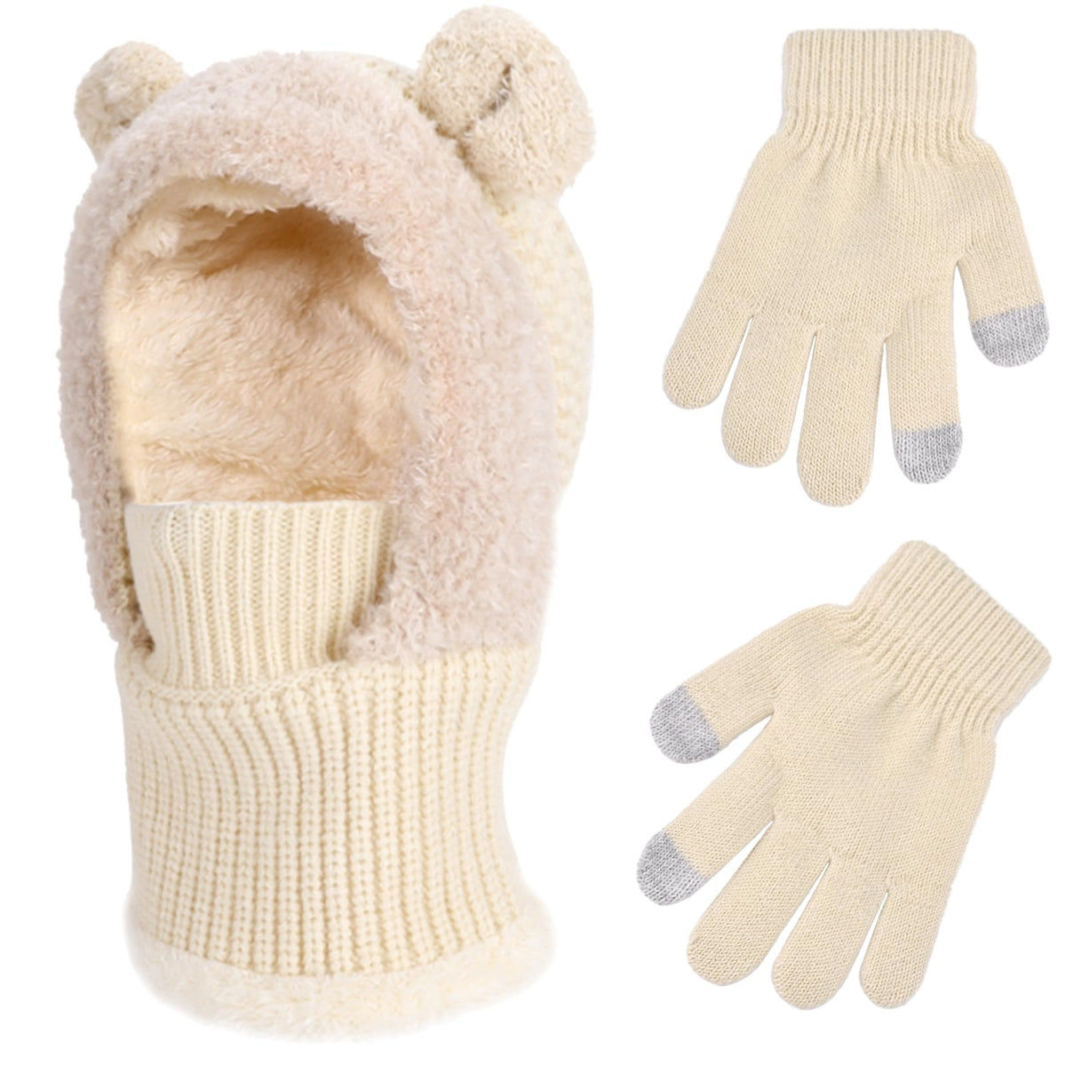 Kids Winter Balaclava Windproof Hats Gloves Set 3-in-1 Fleece Lined Hooded Scarf & Face Mask for Ages 2-8