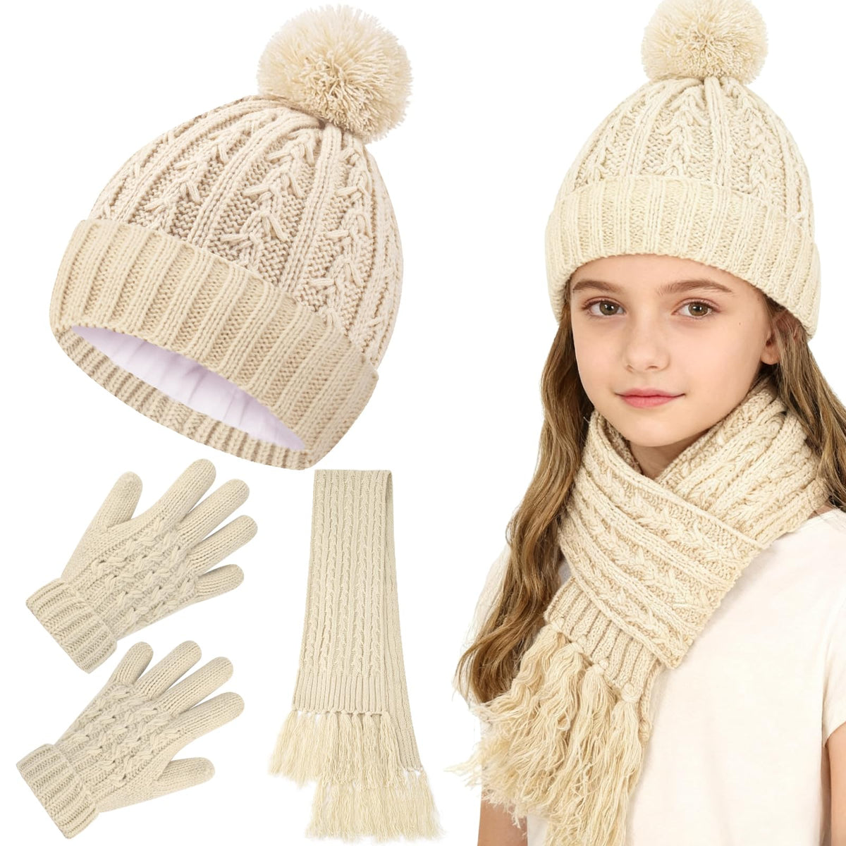 Girls Winter Hat Scarf Gloves Set, Toddler Fleece Lined Beanie Hat with Pom Rainbow Hat Scarf Mittens for Girl 4-15 Year