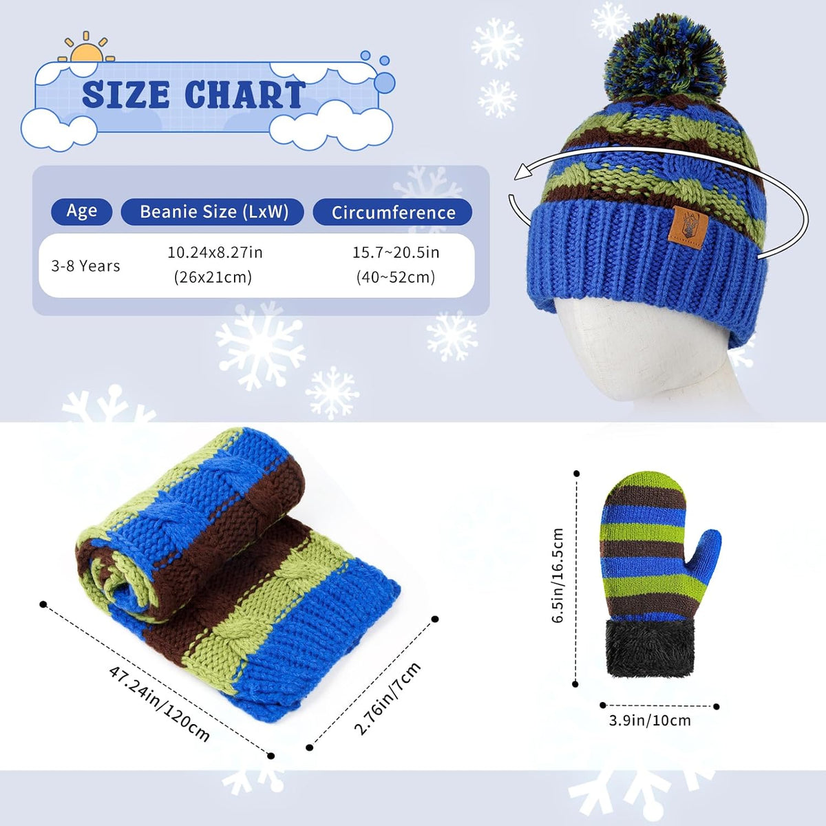 Kids Winter Pompom Beanie Hat Toddler Scarf Gloves Set for Boys and Girls
