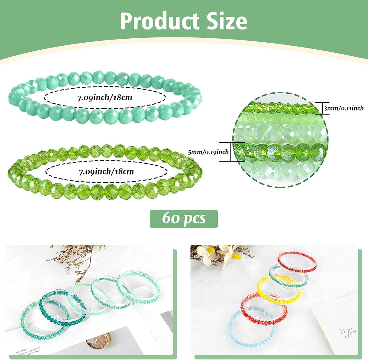 60 Pcs Crystal Beaded Bracelets Bulk, Colorful Stretch Bracelets for Women