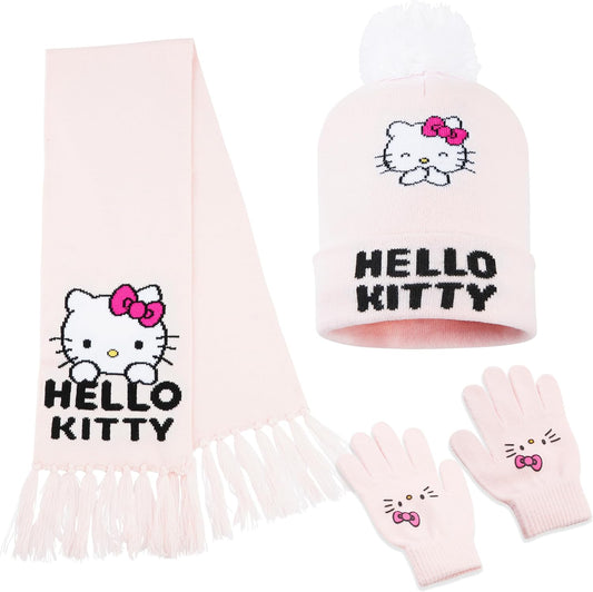 Hello Kitty Girls Hat Scarf And Gloves Set Winter Accessories Kawaii Cozy Warm 3 Piece, Anime Gifts for Girls (Pink Hello Kitty, 4-12 Years)