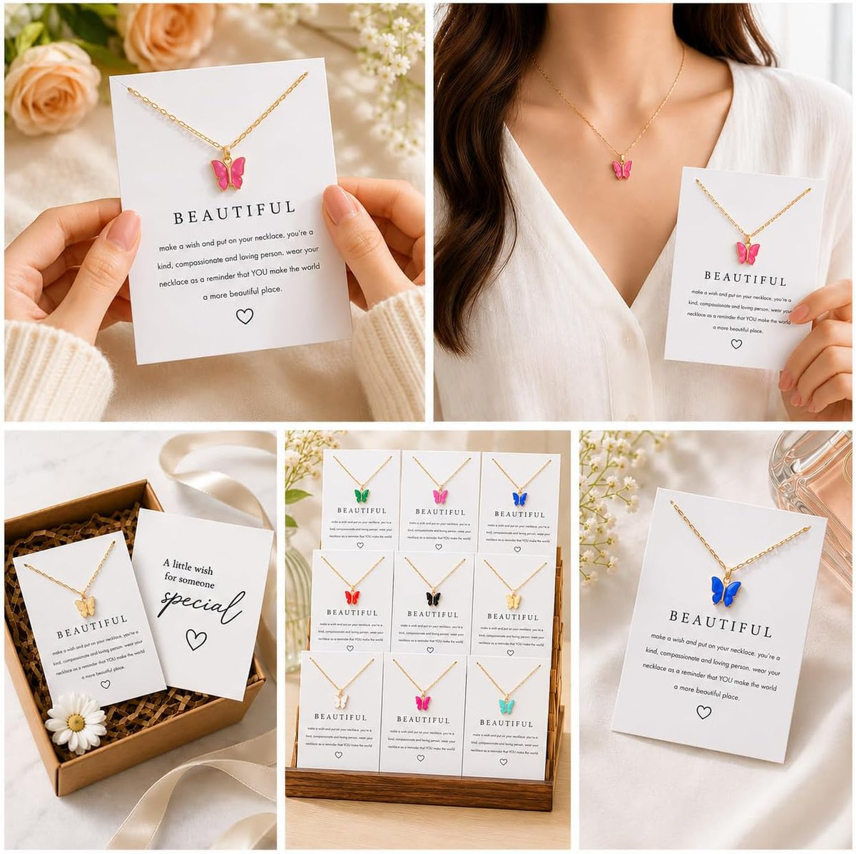 Rrdaily Dainty Colorful Butterfly Pendant Necklace Set for Women,Bohemian Acrylic Butterfly Chain Necklace Cute Jewelry Gift