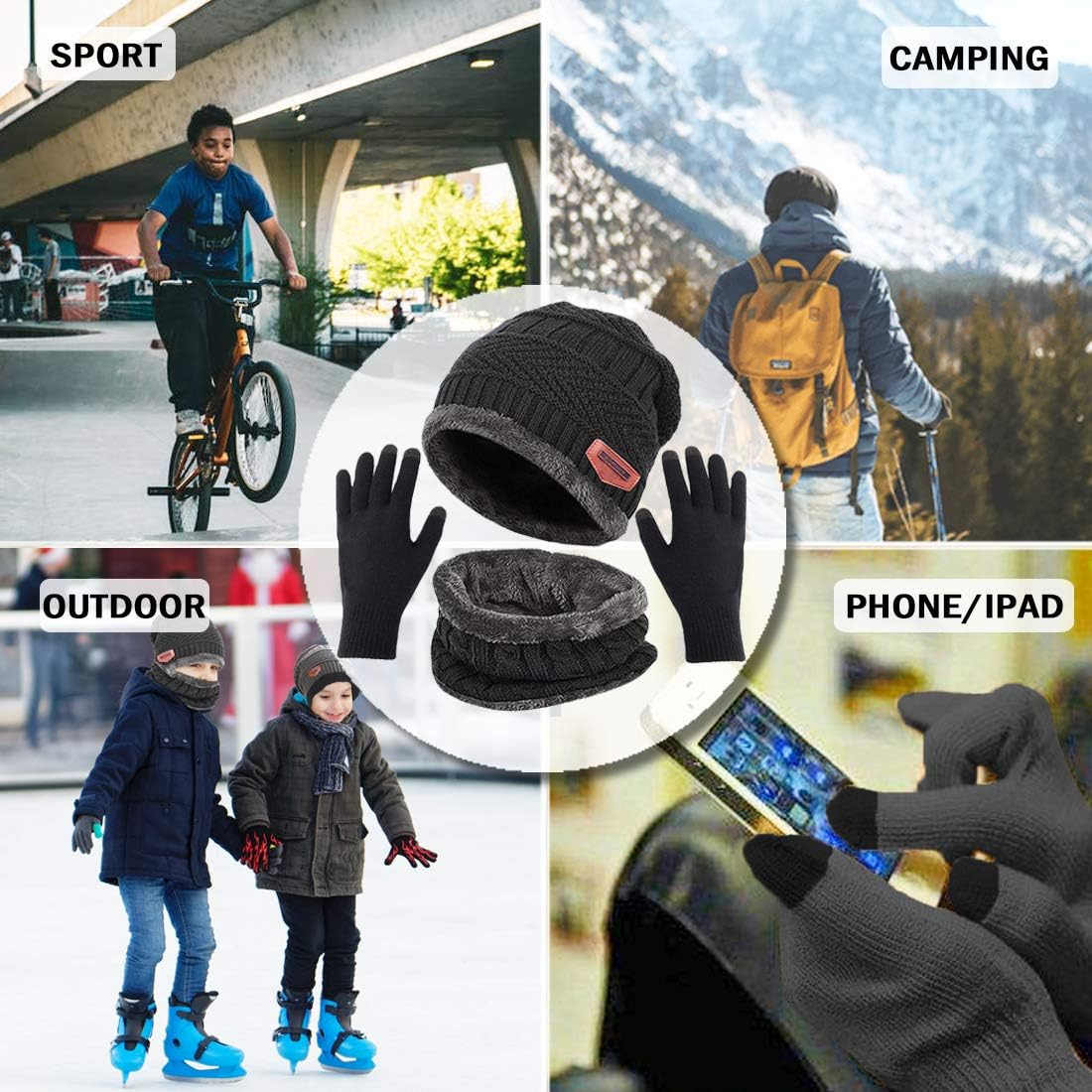 3Pcs Winter Hats Neck Warmer Scarf and Touch Screen Gloves Set for Kids