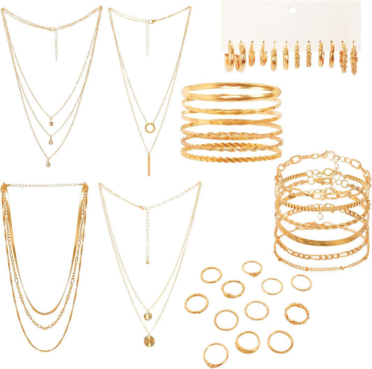 34pcs Gold Jewelry Set for Women Multi Layered Necklace Knuckle Rings Stackable Bracelets Dainty Earrings Fashion Jewelry set Anniversary Birthday Valentine Gift Pack for Women Girls