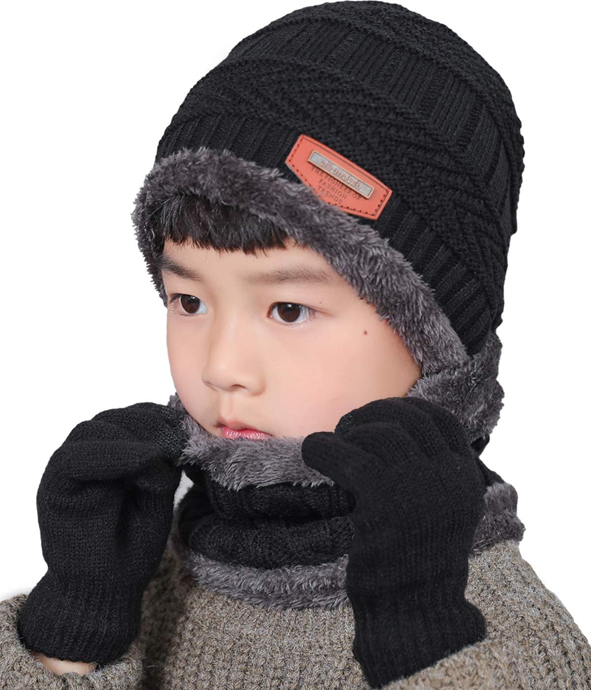 3Pcs Winter Hats Neck Warmer Scarf and Touch Screen Gloves Set for Kids