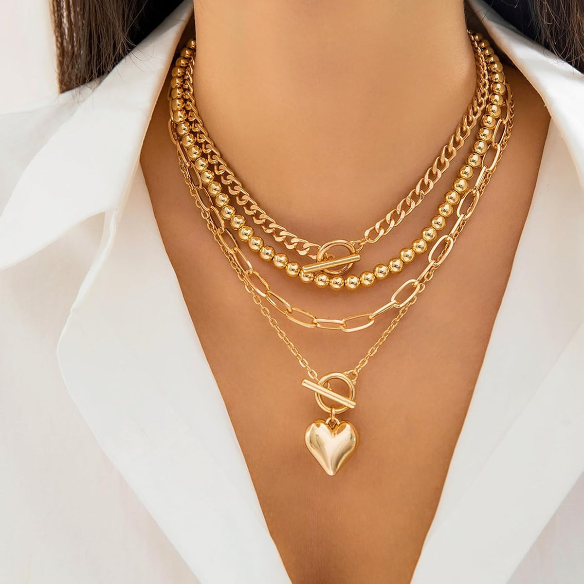 Women's Hip Hop Necklace Set - 4-Piece Chunky Chain Jewelry with Beaded Choker, T-Bar Toggle Clasp, Paperclip, Herringbone & Cuban Link Ropes for Edgy Style