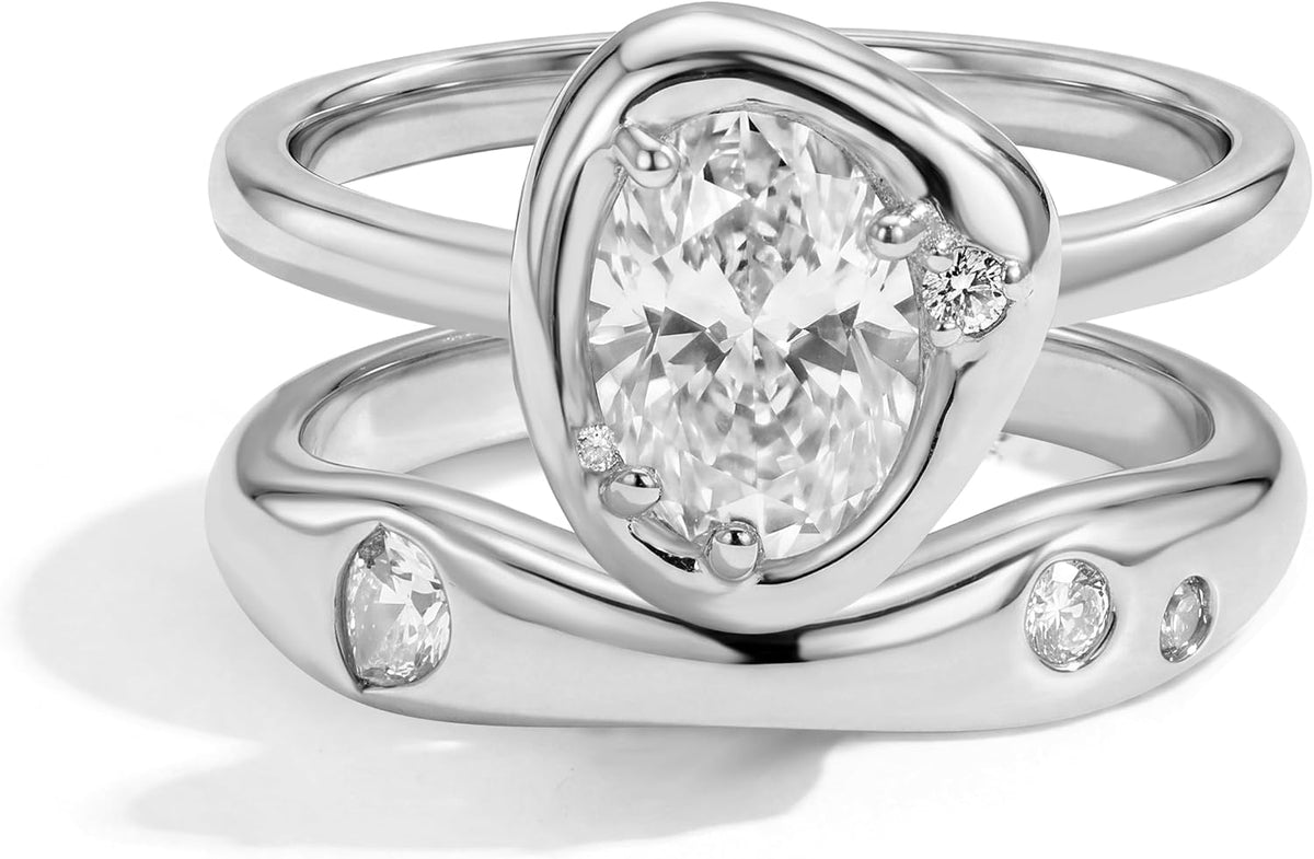 18K Gold & Silver Plated Stackable Ring Set for Women, CZ Curved Wave Stacking Bands, Statement Promise Rings for Wedding Engagement, Trendy Dainty Jewelry Gift