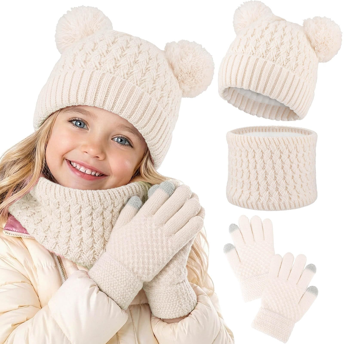 BQUBO Kids Winter Hat Gloves Scarf Set, Unisex Children Beanie Hat with Pom