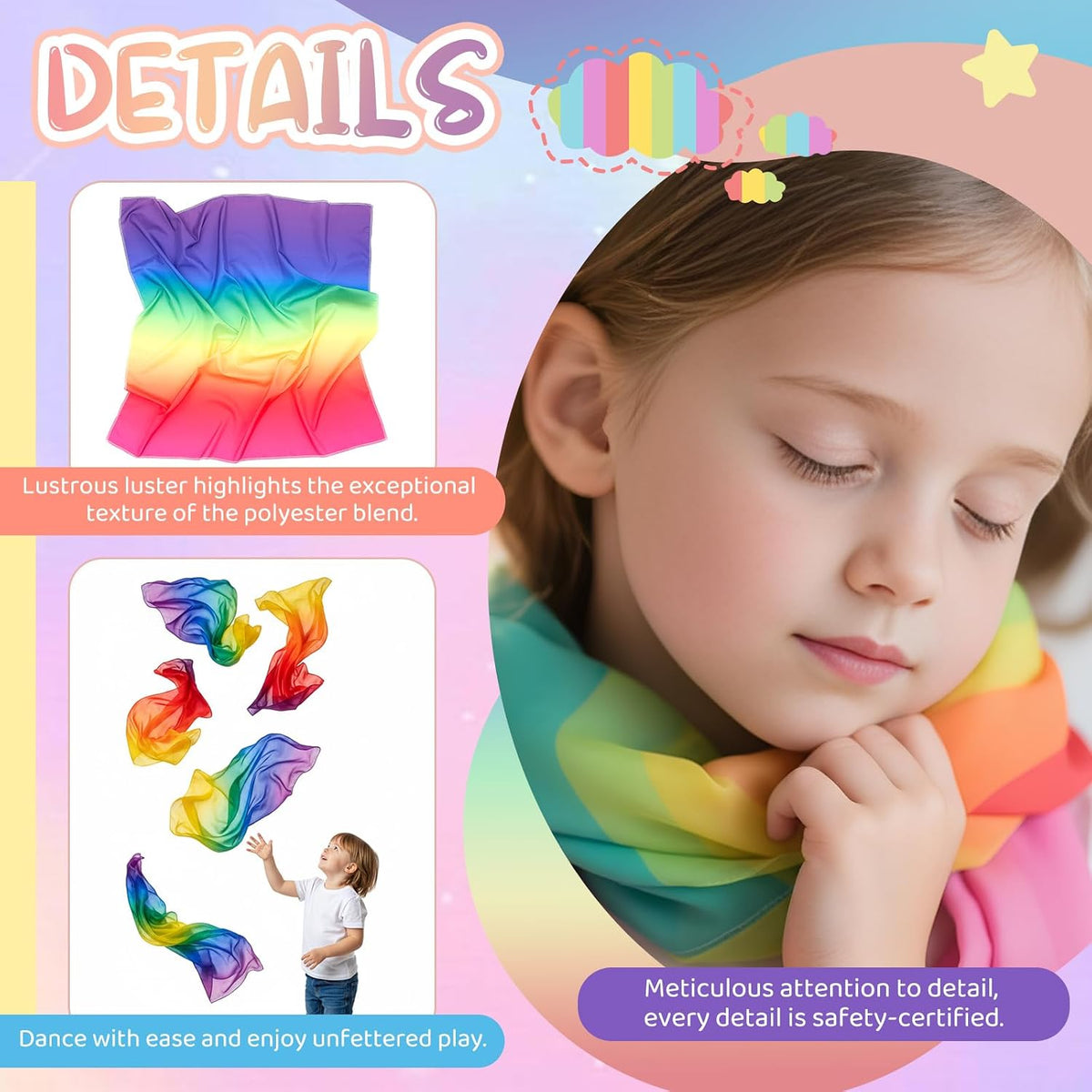 Cutecrop 6 Pcs 35 Inch Play Scarves Set for Kids Gay Pride Rainbow Flag Polyester Silks Dance Children Pretend Giant Toy Toddlers