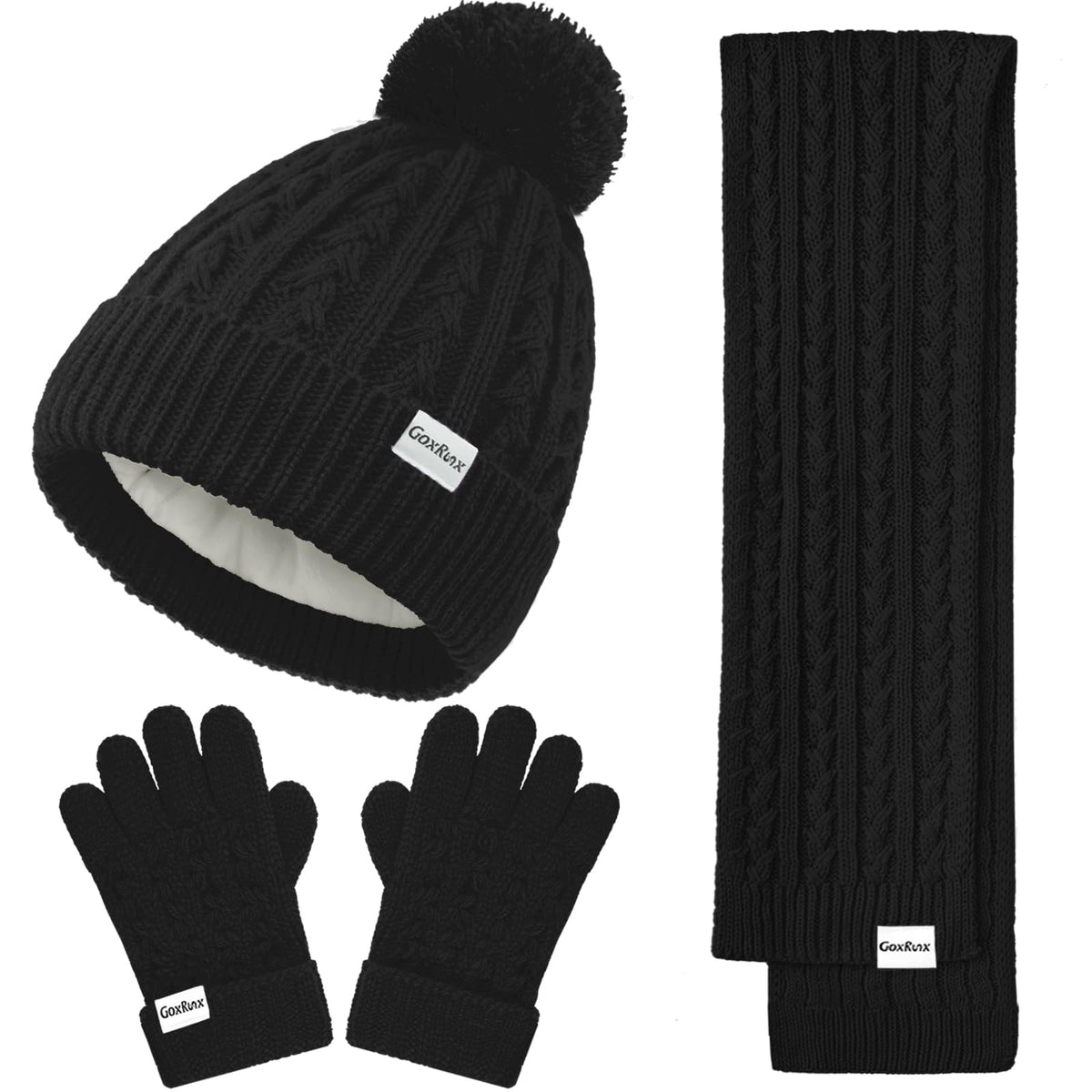 Kids Winter Hat Gloves Scarf Set, Girls Boys Winter Beanie Hat Mittens Scarf Knit Set with Thick Fleece Lined for Children
