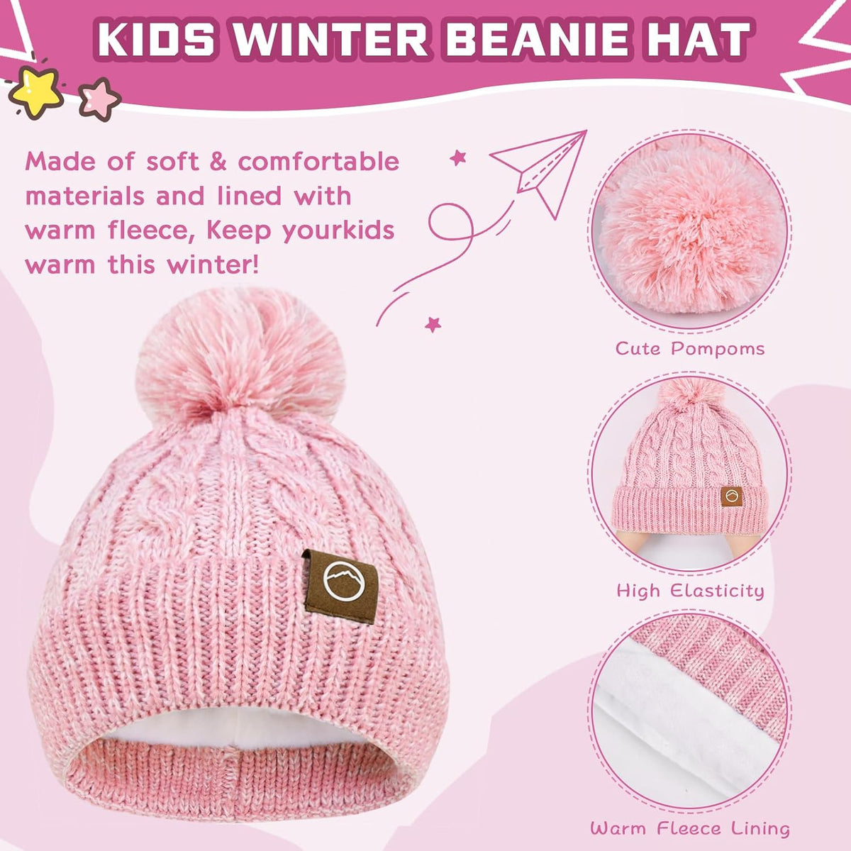 ZOORON Kids Winter Hat Gloves Scarf Set, Girls Boys Hats Beanie with Pom
