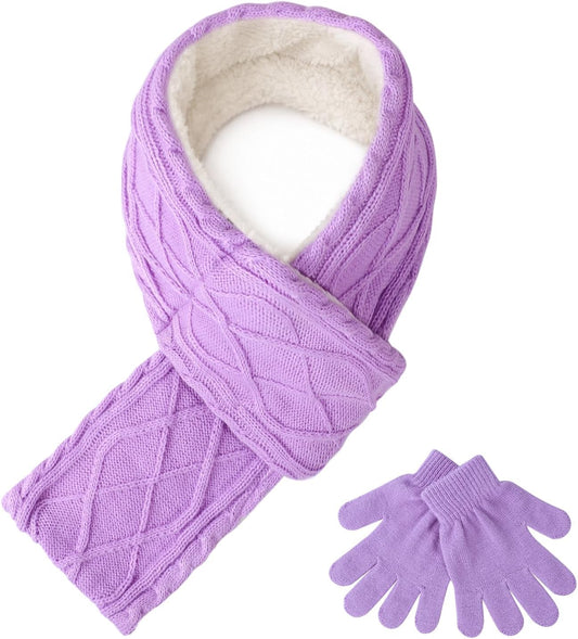 Kids Winter Gloves Scarf Set, Girls Fleece Lined Cable Knit Neck Warmer with Warm Mittens Cold Weather Gifts for Ages 7-14