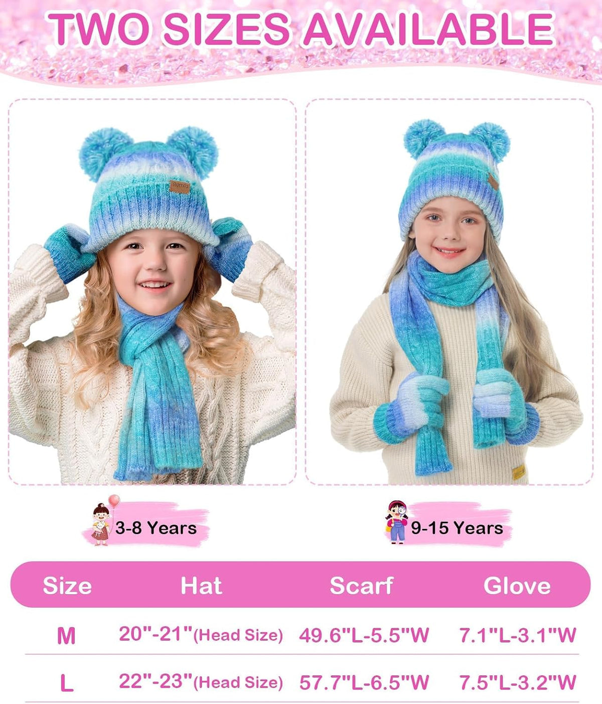 Kids Winter Hat Scarf Gloves Set, Toddler Girl Boy 8% Wool Fleece Lined Pom Beanie Knit Neck Mittens Children Christmas Gifts