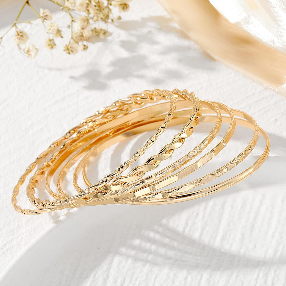 6 Pcs Gold Plated Bracelet Set for Women: Bangles, Cuffs & Dainty Chains | 14K Mixed Stackable Bracelets for Layered Look, Complete Jewelry Collection Gift