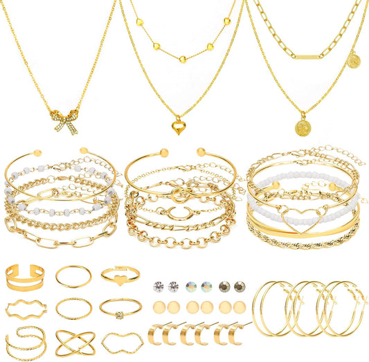 NEWITIN 49 Pcs Gold Jewelry Set for Women Hypoallergenic Bohemian Jewelry