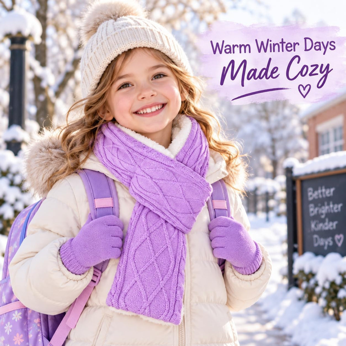 Kids Winter Gloves Scarf Set, Girls Fleece Lined Cable Knit Neck Warmer with Warm Mittens Cold Weather Gifts for Ages 7-14