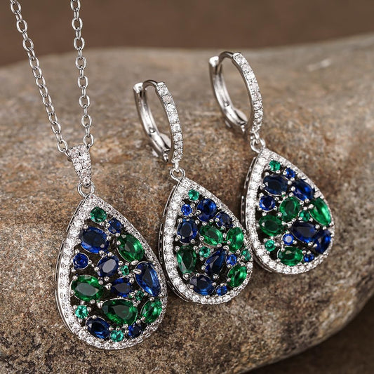 Delicate Color CZ Pendant Necklace Earrings Female Sparkling Jewelry Set