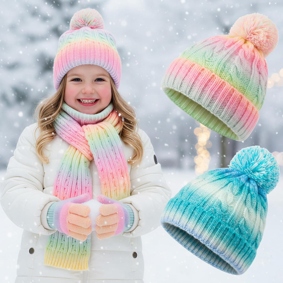 Kids Hat Gloves Scarf - 4pcs Winter Beanie Neck Warm Set for Girls, Lining Knitted Fleece Scarf Warmer Mitten Kit for Toddler Children Child Boy Age 3-15 Christmas Gift (Pink Yellow Gradient)