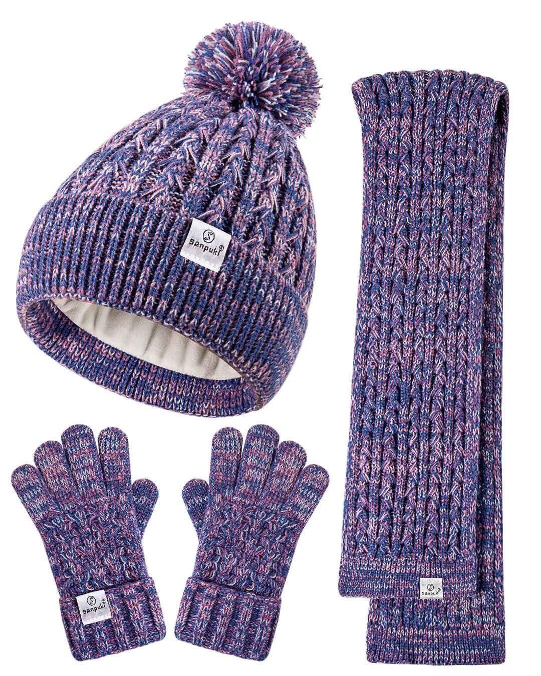 Kids Winter Hat Gloves Scarf Set,Girls Toddler Winter Hat Beanie with Pom Neck Warmer Gaiter Mittens Fleece Lined Set