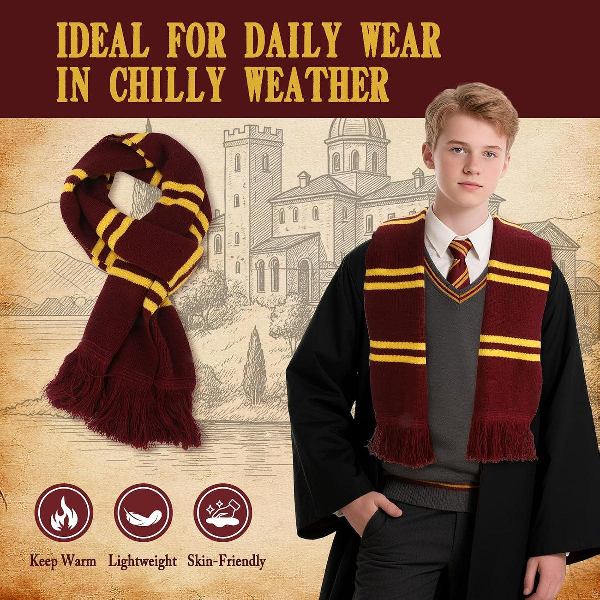 Burgundy and Gold Striped Knit Scarf – Soft Acrylic Winter Scarf for Women, Men, Kids – Classic Magic College Style for Halloween Cosplay, Fall Parties, Wizard Costume Accessory