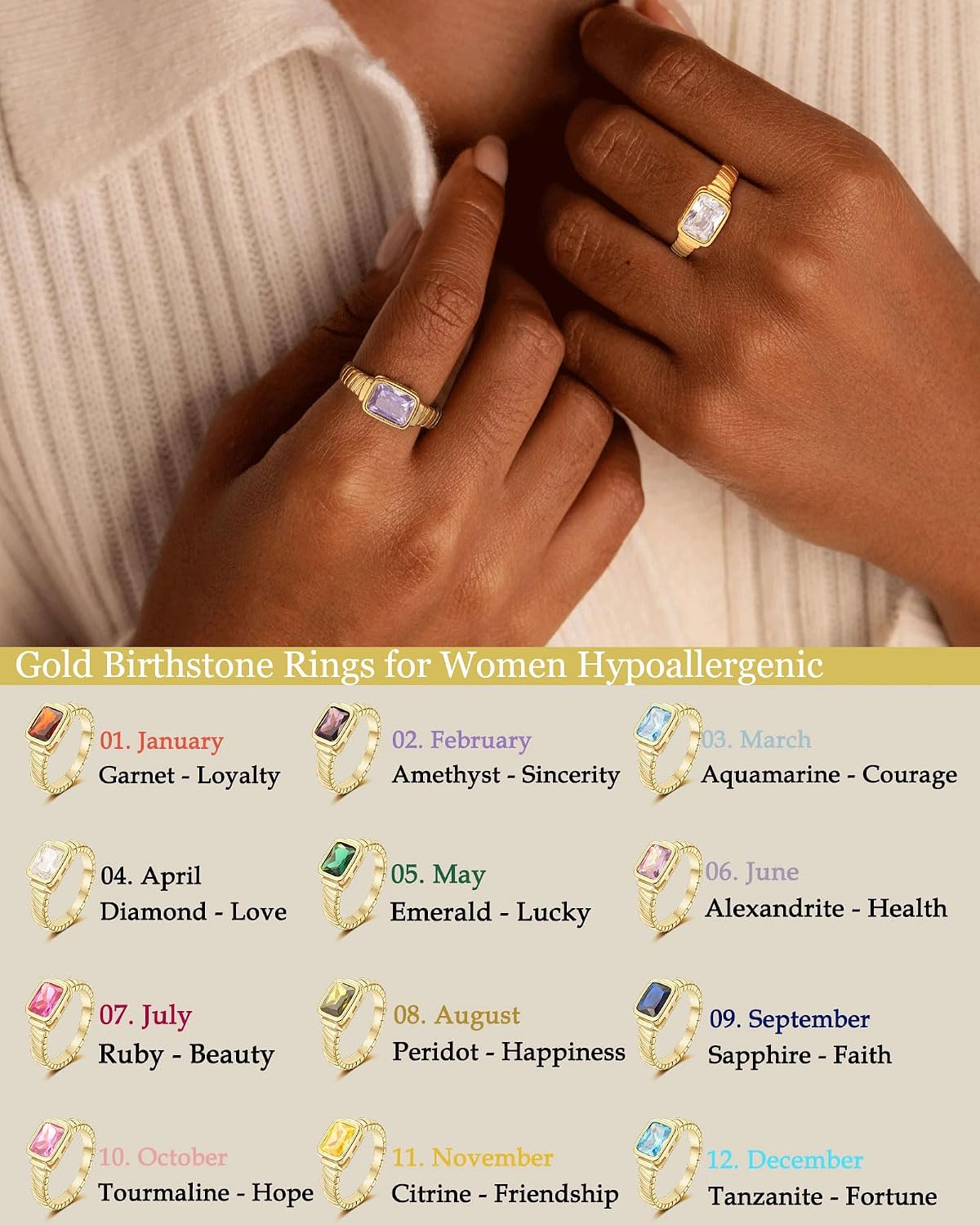 ZHESHY Birthstone Gold Rings for Women Non Tarnish Signet Thumb Chunky Ring
