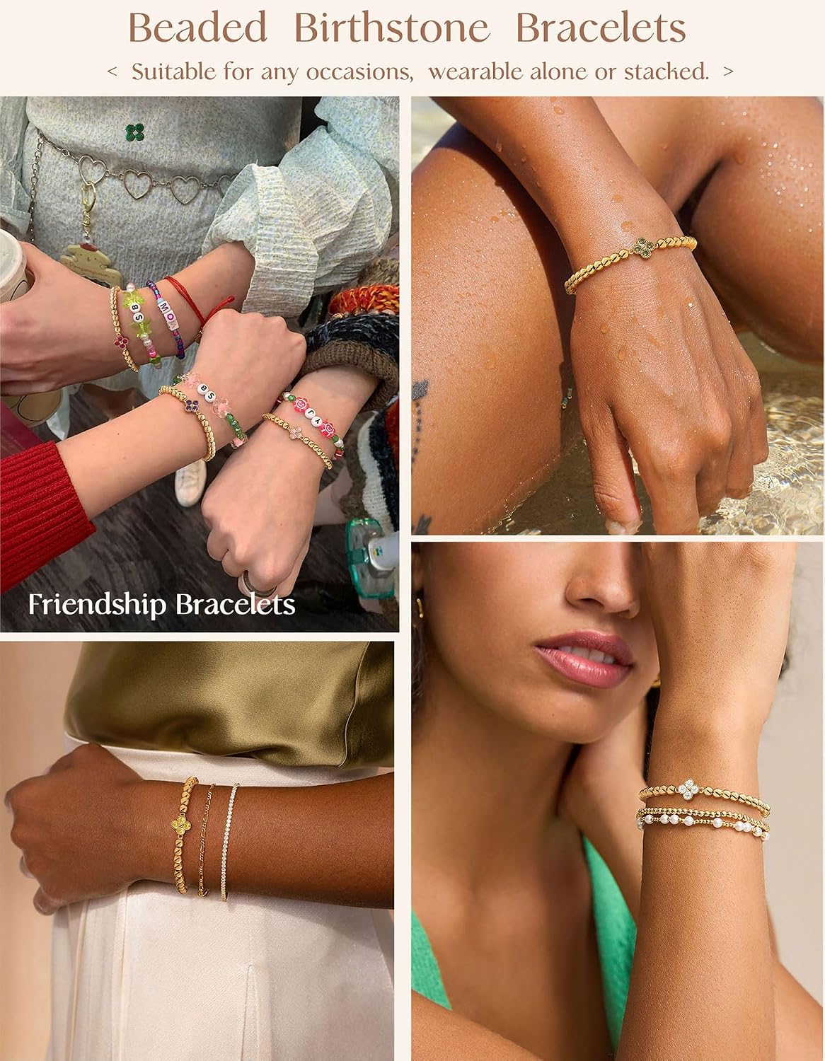 Birthstone Gold Bracelets for Women Non Tarnish Elastic 14K Gold Plated Bead Bracelets Trendy CZ Clover Bracelet Stackable Friendship Bracelets Dainty Jewelry Gifts for Mom Best Friend