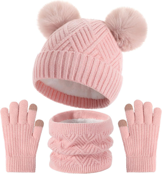 3 Pcs Kids Winter Hat Gloves Scarf Set, Toddler Thermal Fleece Lined Set