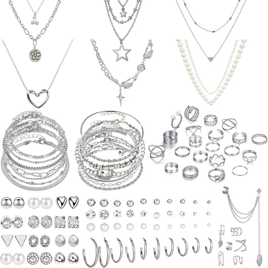MEDOJO 84 Pcs Silver Jewelry Set for Women Pearl Necklace Silver Plated Necklace Bracelet Stackable Ring Earrings Set for Women