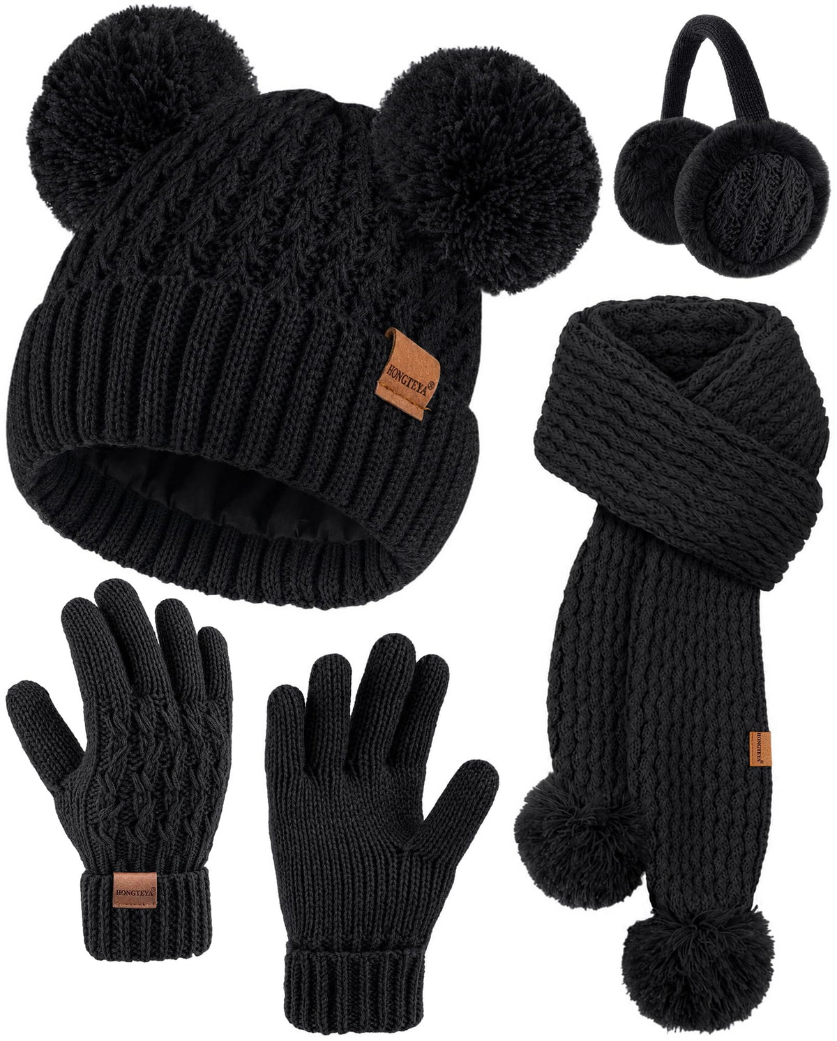 HONGTEYA 4PCS Kids Girls Winter Hat Gloves Scarf Earmuffs Set Aged 3-15Y