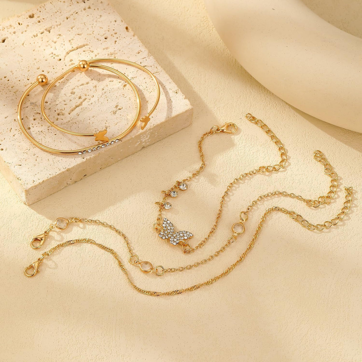 5 PCS Gold Bow Bracelets Set for Women, Elegant Butterfly and Pearl Accented Layered Bracelet Set - Delicate Fashion Jewelry