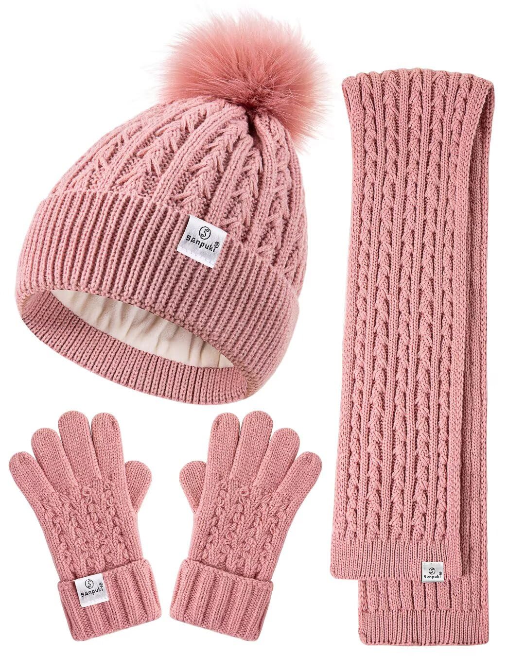 Kids Winter Hat Gloves Scarf Set,Girls Toddler Winter Hat Beanie with Pom Neck Warmer Gaiter Mittens Fleece Lined Set